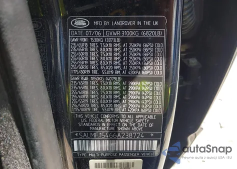 2006 Land Rover Range Rover Hse z USA, uszkodzony, nr VIN SALMF15466A238724